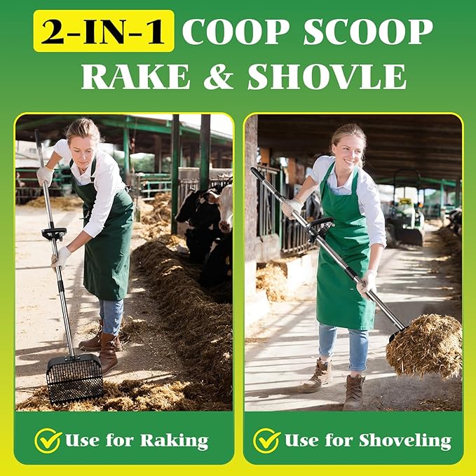 Chicken Poop Scooper for Sand, Coop Scoop with 22 to 64" Adjustable Handle, 2-in-1 Metal Shovel Head Chicken Scooper for Poop, Litter Rake & Sifting Shovel for Pet Waste Cleaning