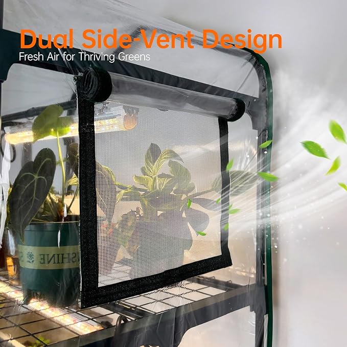 Bstrip Indoor Greenhouse with Grow Lights, PVC Tent with Waterproof Base Mat, Airflow Windows&Zippered Door, 4Pcs Grow Lights for Seed Starting with Timer, 4-Tier Greenhouse Shelf 27.2x19.3x61.8in