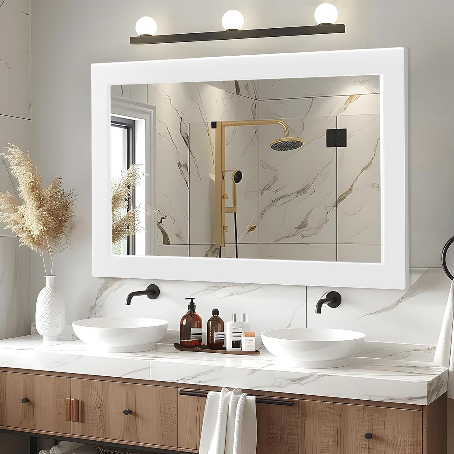 Inbenioso 54''x36'' Rustic Wall Mirror for Bathroom White Wood Frame, Classic Rectangle Mirror Farmhouse Vanity Wall Mirror Decor Living Room, Bedroom, Entryway