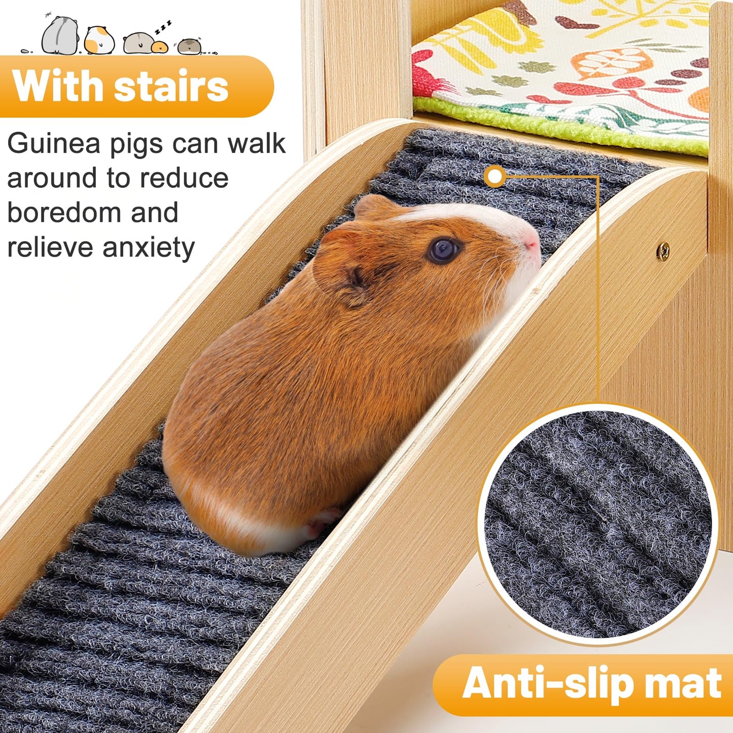 Upgraded Guinea Pig Castle, Sturdy Wooden Guinea Pig Hideout, Small Animal House Bed Hut Habitats with Stairs, Easy to Assemble for Hamsters Bunny Chinchillas Playing Hiding