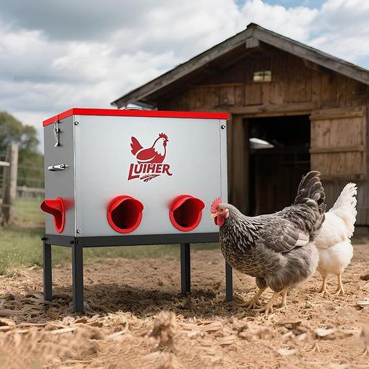 LUIHER Poultry Feeder-25LB no Waste chincken Feeder 6 Ports Large Capacity Galvanized Metal Poultry Feeder with Legs and Lids - Reduces Refilling Frequency Chicken Feeding Equipment for Hen Coop