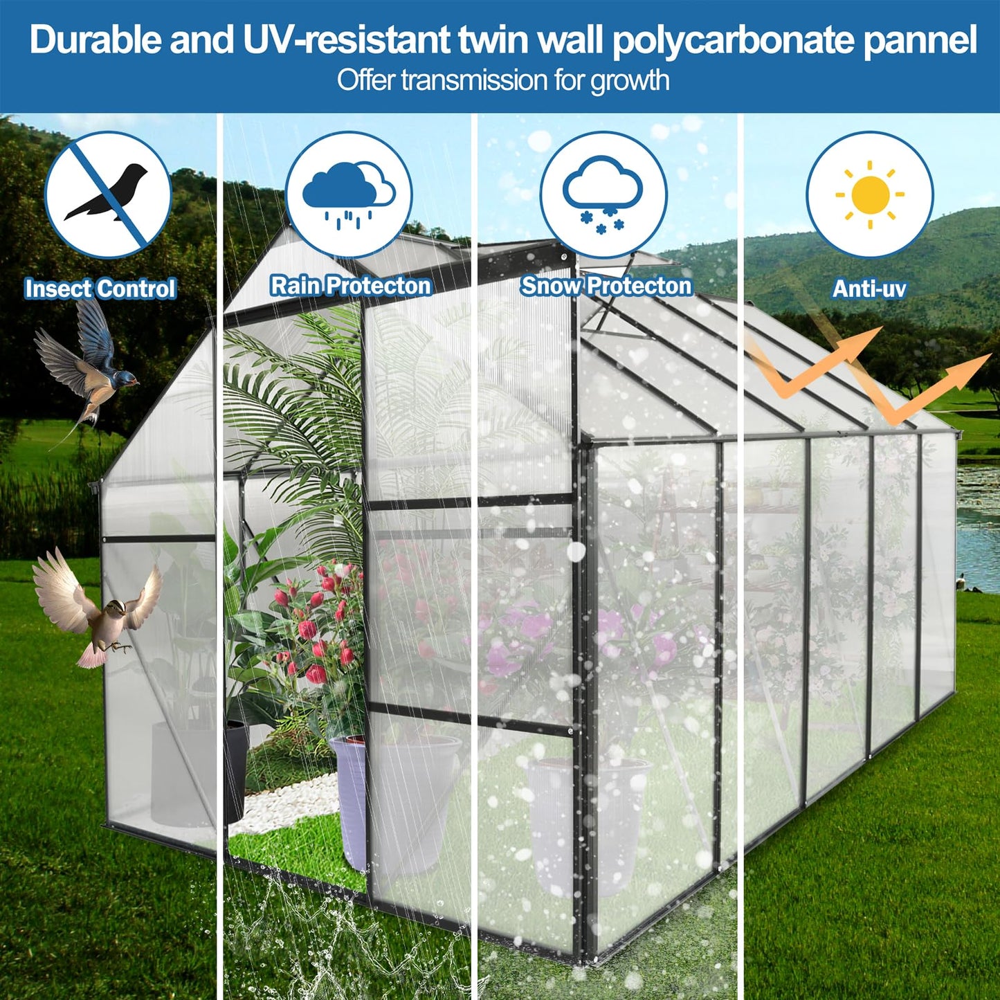KELRIA 6x10 FT Hybrid Polycarbonate Greenhouse with Sliding Door and Adjustable Vent Window Walk-in Hobby Greenhouses Aluminum Heavy Duty Hot House for Outdoor Garden Backyard, Black