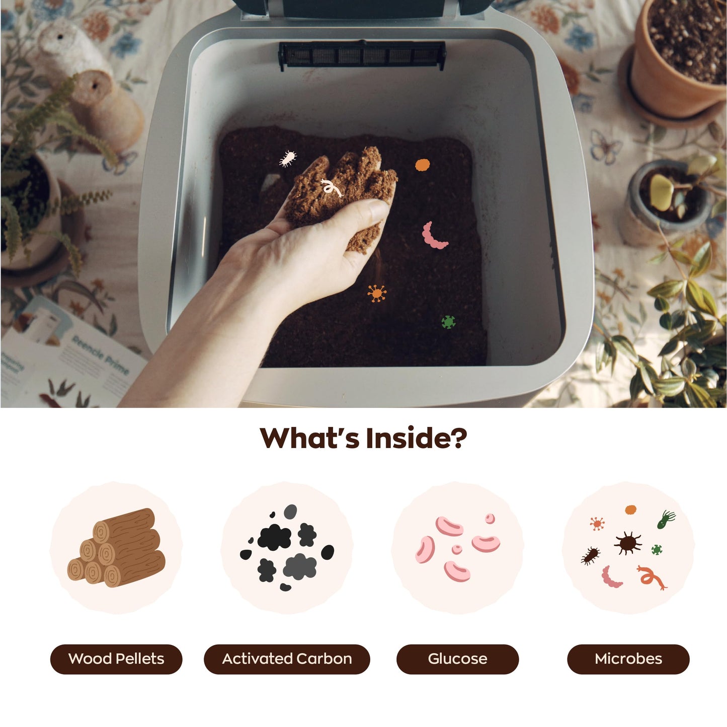 Reencle Prime Electric Composter - 14L Kitchen Composter, Decomposes Up to 2.2 lbs Food Waste Daily, Odorless Indoor Composting with Whisper-Quiet Technology & Rapid Decomposition (White)