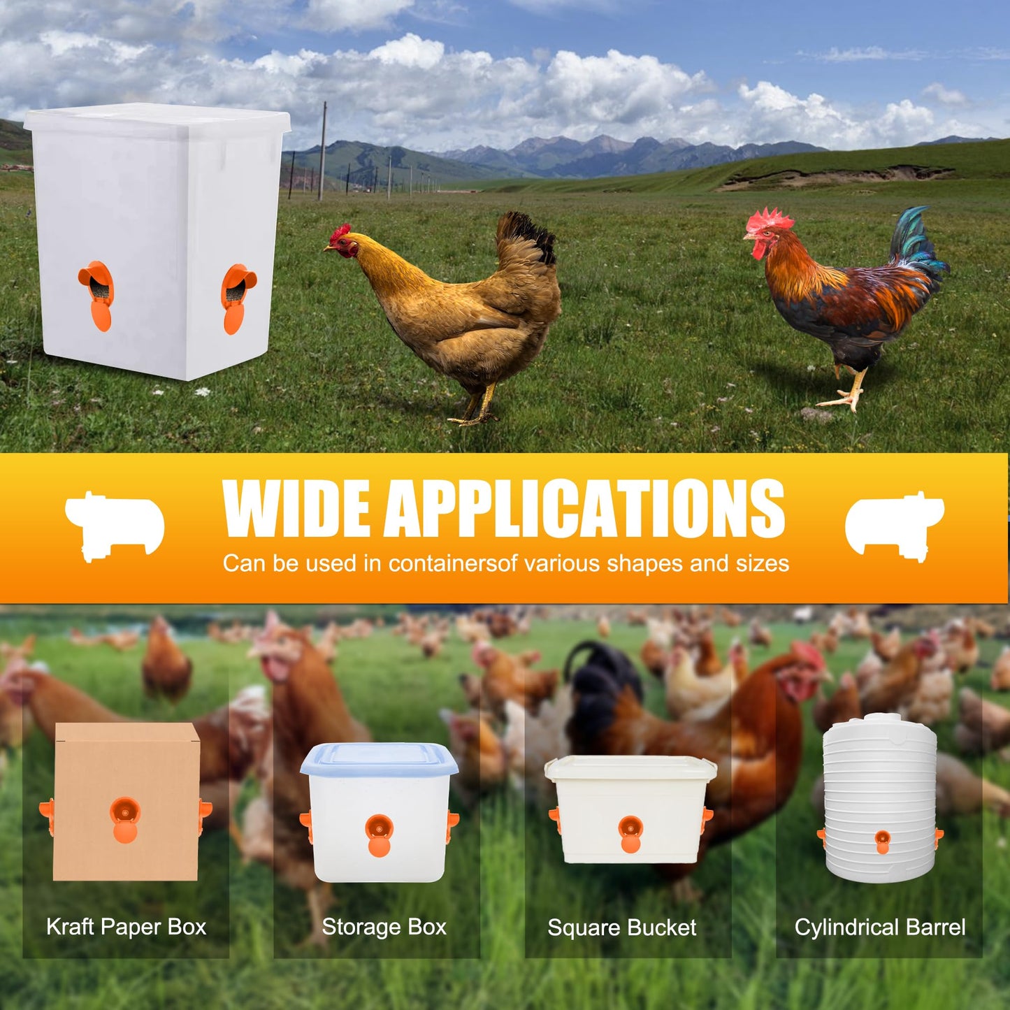 Chicken Feeder Port 8pcs Poultry No Waste Port Kit with Stopper Lid, 1 Hole Saw, DIY Automatic Reusable Coop Feeders, Rain Proof Gravity Feeding Geese Duck Hens Rooster for Bucket Barrel Bin (Orange)