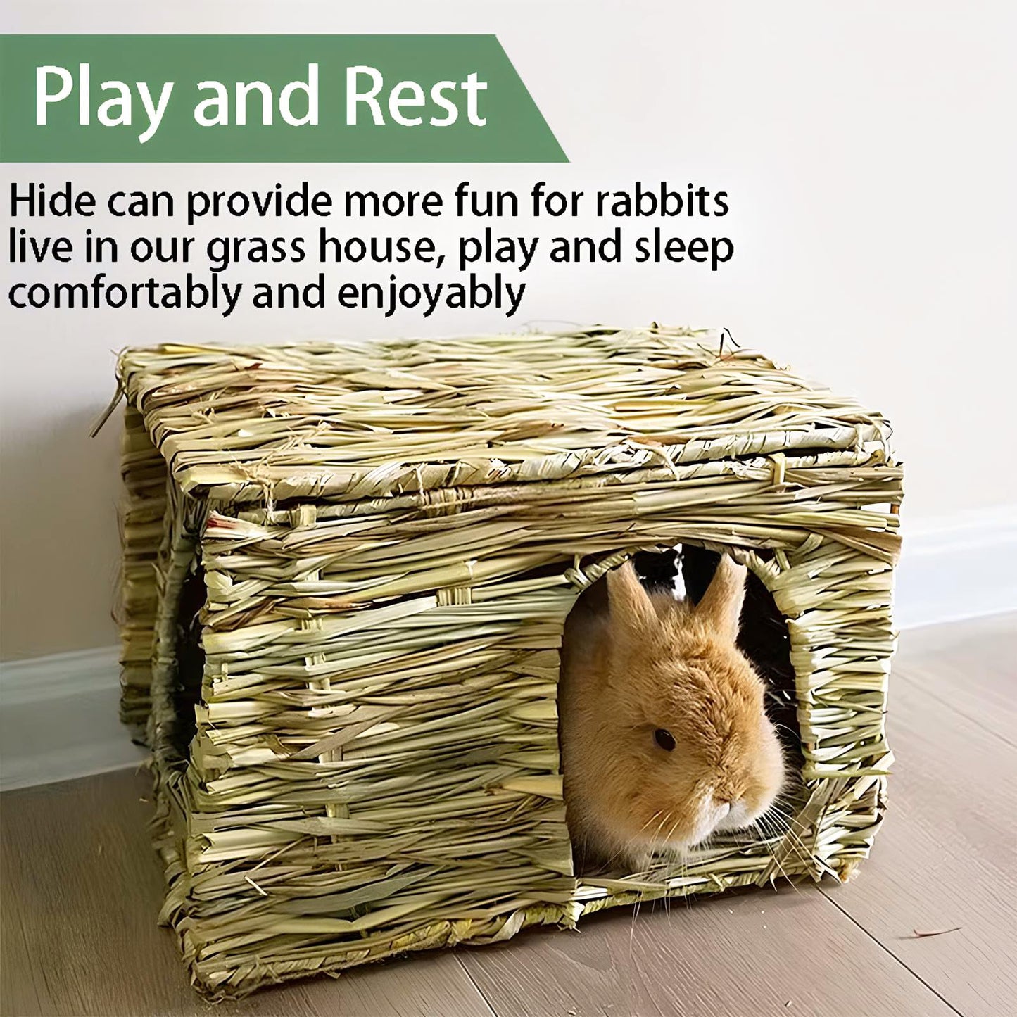 WUWEOT 2 Pack Large Grass Bunny House, Foldable Rabbit Hut, Play Hideaway Bed Hay Mat Chew Toy for Rabbit, Guinea Pigs, Gerbils, Hamster and Small Animals, 11"x8"x8"