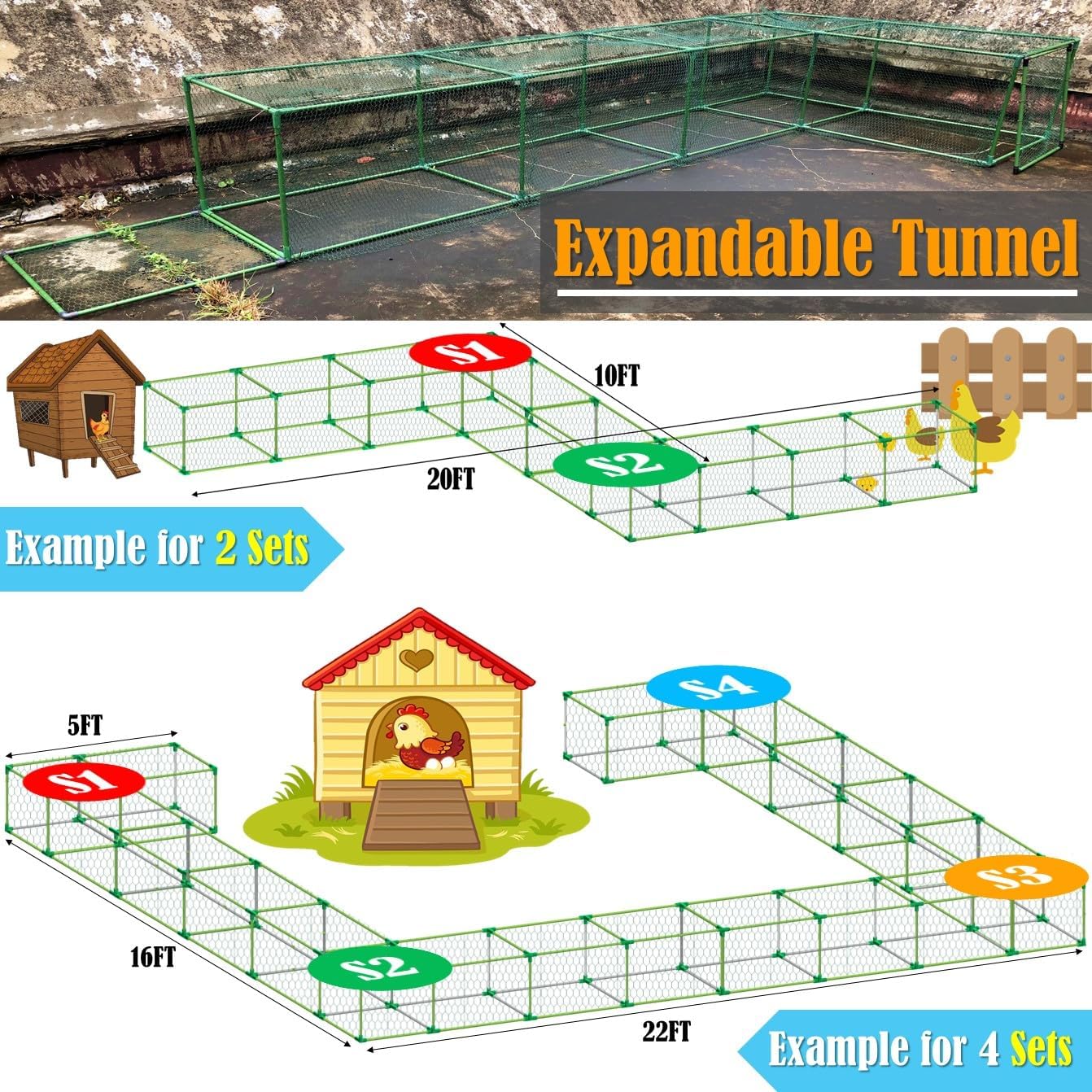 LANEVAN Chicken Tunnel DIY Kit – Movable | Cube Runway with 90° Corner | Modular Design | Rust-Proof | Expandable Outdoor Chicken Run Chunnel for Yard