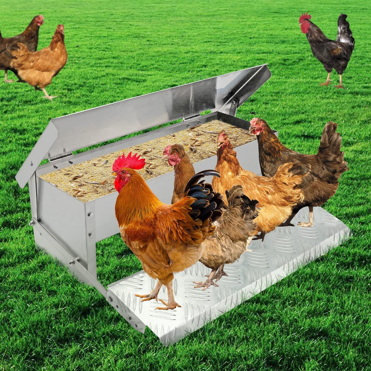 PAULOZYN Automatic Chicken Feeder Treadle Large Poultry Feeders No Waste Stainless Steel Rat Proof Chicken Feeder Trough with Weatherproof Lid Treadle Chicken Feeder Self-Opening for Duck Fowl
