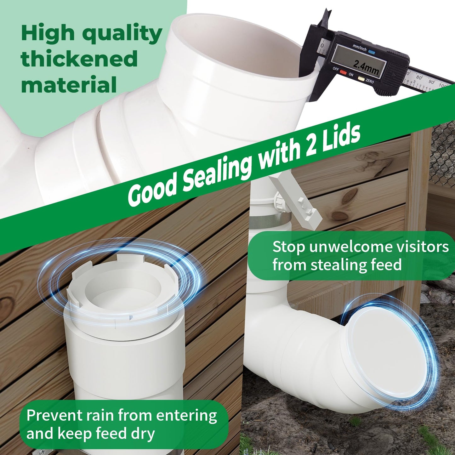 Forestchill Automatic Chicken Feeder with Adjustable Valves, Heavy Duty Plastic Pipe Chicken Coop Feeder of 7 Pounds Capacity, No Waste Hanging Chicken Feeders with 2 Lids
