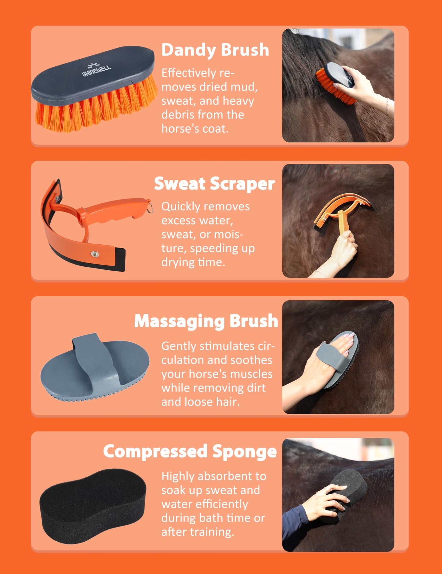 Shinewell Horse Grooming Brushes Kit 9 pieces with Organizer Bag Grooming Care Series Horse Brush Sets Orange