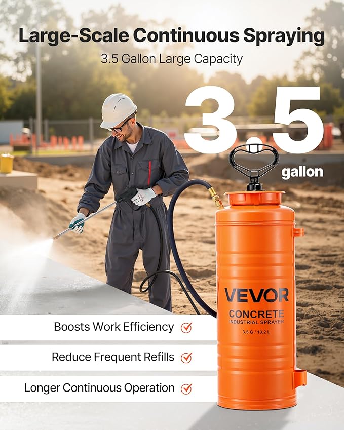VEVOR Industrial Concrete Sprayer, 3.5 Gallon Stainless Steel Sprayer, Heavy Duty Tri-Poxy Pump Sprayers, 20.5"Wand with Ergonomic Gun Handle, 48"& 120"Hose, 2 Brass Nozzles for Construction, Garden