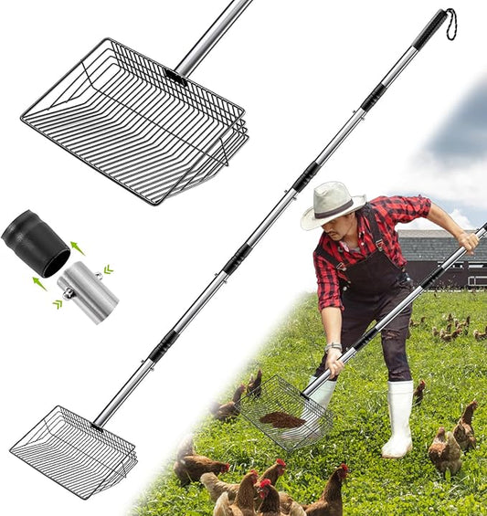 10 Inch Large Metal Chicken Poop Scooper for Sand & Coop Cleaning - Long Sifting Shovel with 24"-68" Adjustable Handle, 5 Lengths Heavy Duty Stainless Steel
