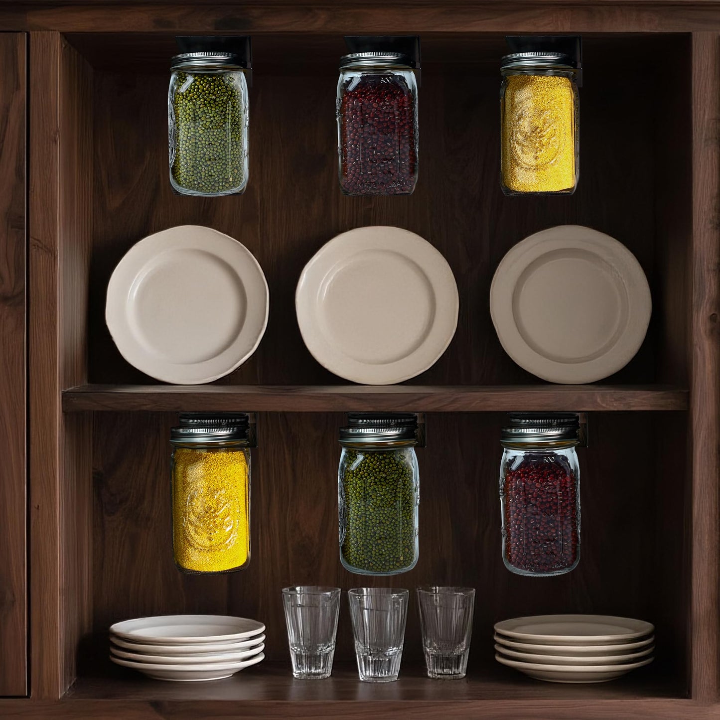 Mason Jar Storage Rack for Under Shelf, 2 Pack Holds 6 Wide Mouth Mason Jars, No Drill or Screw Mount, Kitchen Cabinet & Pantry Space Saver, Easy Access Sliding Design(Wide Mouth)