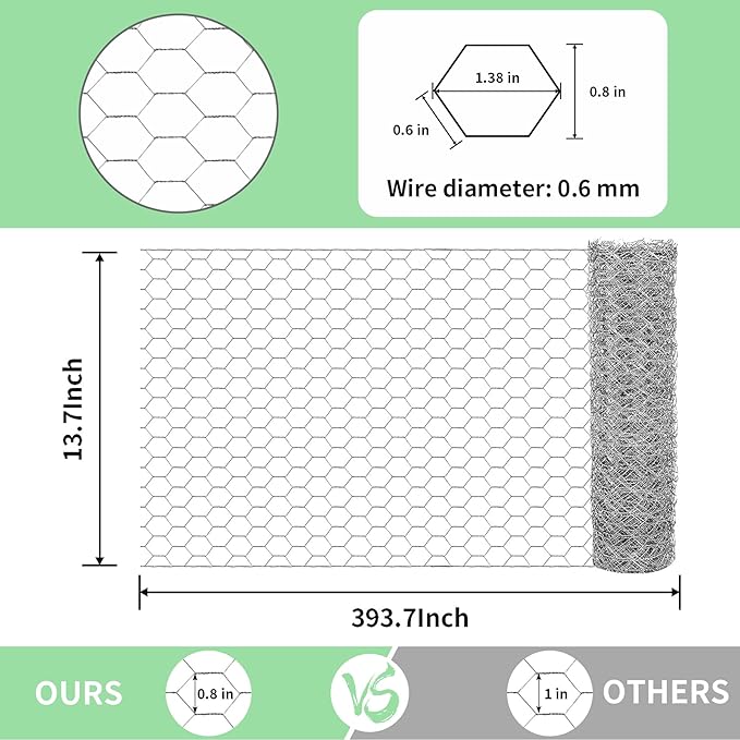 Chicken Wire 13.7 in x 393.7 in Poultry Wire Netting Hexagonal Galvanized Mesh Garden Fence Barrier for Pet Rabbit Chicken Fencing with 100 Pcs Cable Zip Ties