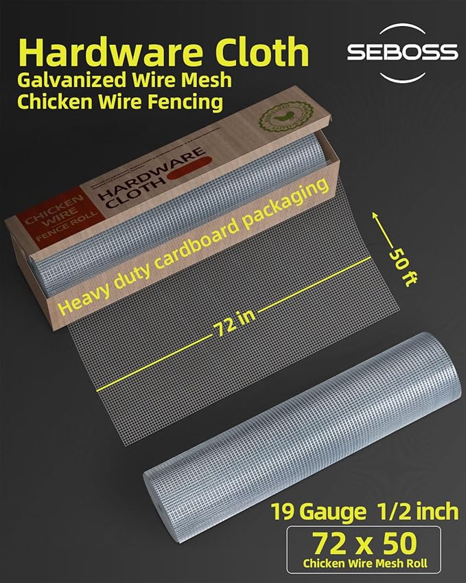 SEBOSS Hardware Cloth 1/2 inch Mesh 72 in x 50 ft 19 Gauge, Hot-dip Galvanized After Welding, Chicken Wire Mesh Roll Garden Fence Welded Wire Fencing Gopher Wire Rodent Wire