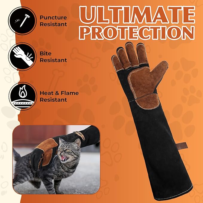 HANDLANDY 24 Inches Animal Handling Gloves Bite-Proof & Scratch-Resistant, Safe Durable Pet Gloves for Dogs, Cats, Falconry (Black, 24inch)