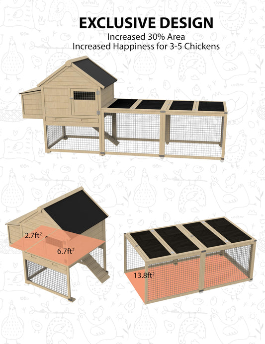 Hipicute Indoor and Outdoor Rabbit Hutch, Rabbit Cage, Chicken Coop Small Animal Pen and Hutch with Anti-UV Waterproof Roof, No Leak Pull Out Tray, Run and Ramp, 109in, Wood Color