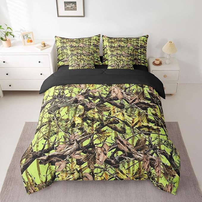Feelyou Tree Branches 7 Pieces Bedding Set, for Kids Wild Hunting Leaf Bed Set Twin Size Botanical Tree Bed in a Bag with Comforter, Sheets, Pillowcases Bedroom Decor Nature Theme Neon Green Brown