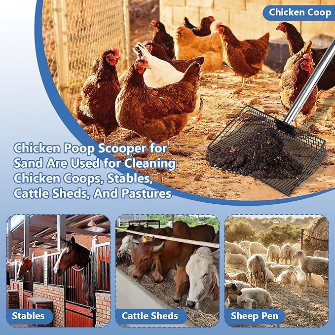 10inch Large Metal Chicken Poop Scooper, Chicken Poop Scooper for Sand with Adjustable Stainless Steel Handle, Chicken Coop Scooper for Sand Suitable for Chicken Coops, Rabbit Coops, Stables, Gardens