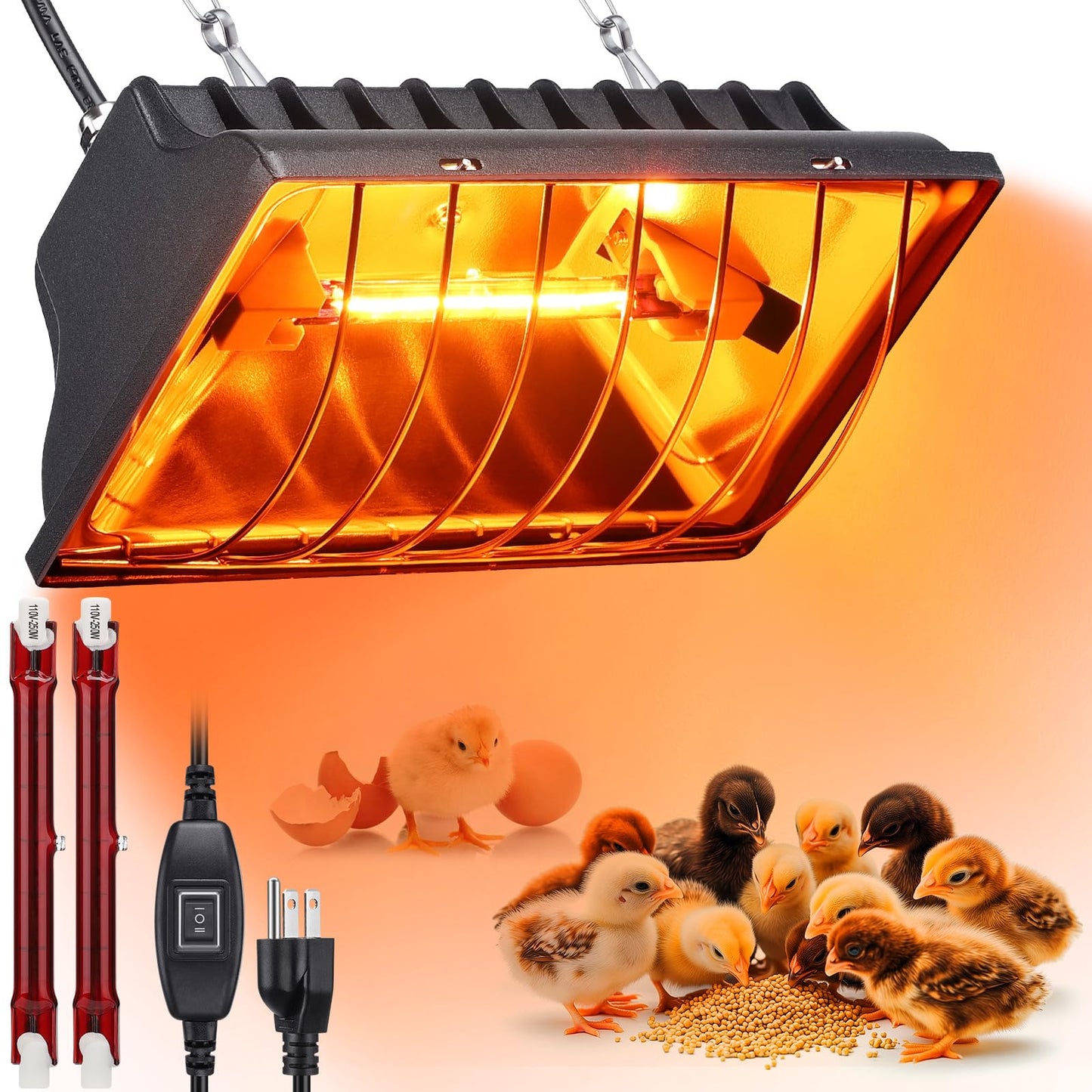 GSDOTZAP 250W Chicken Coop Heater with 2PCS Heat Lamp, Brooder Heater for 30 Chicks Or Ducklings, 6ft Cord Heat Lamp for Chickens, Adjustable Temp & Height Brooder Heating Plate for Livestock Pet