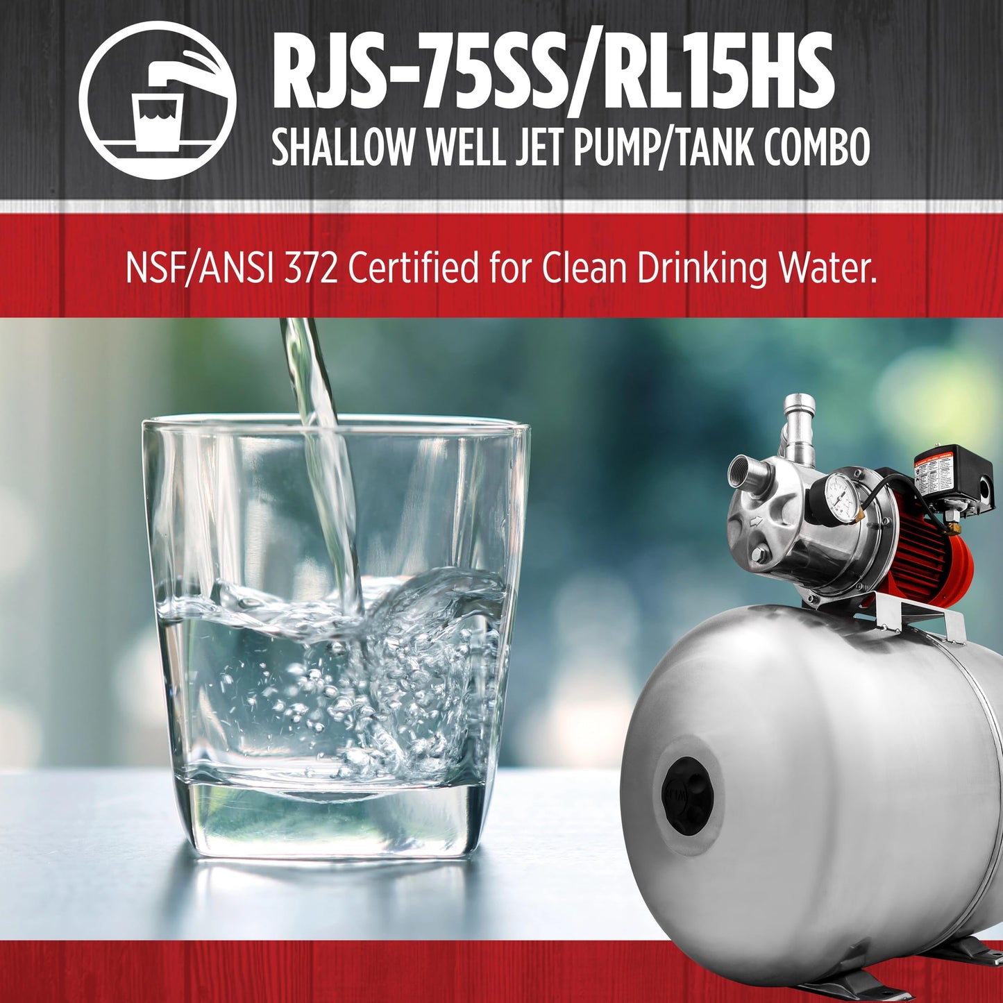 Red Lion RJS-75SS/RL15HS 115/230 Volt 3/4 HP, 12.8 GPM Stainless Steel Shallow Well Jet Pump and 15 Gallon Tank System, Stainless Steel, 602240