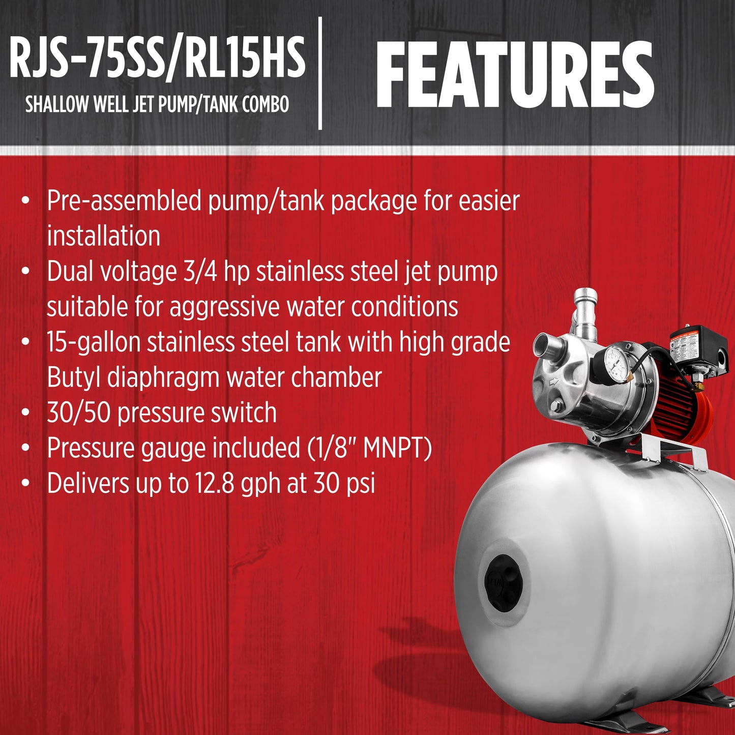 Red Lion RJS-75SS/RL15HS 115/230 Volt 3/4 HP, 12.8 GPM Stainless Steel Shallow Well Jet Pump and 15 Gallon Tank System, Stainless Steel, 602240