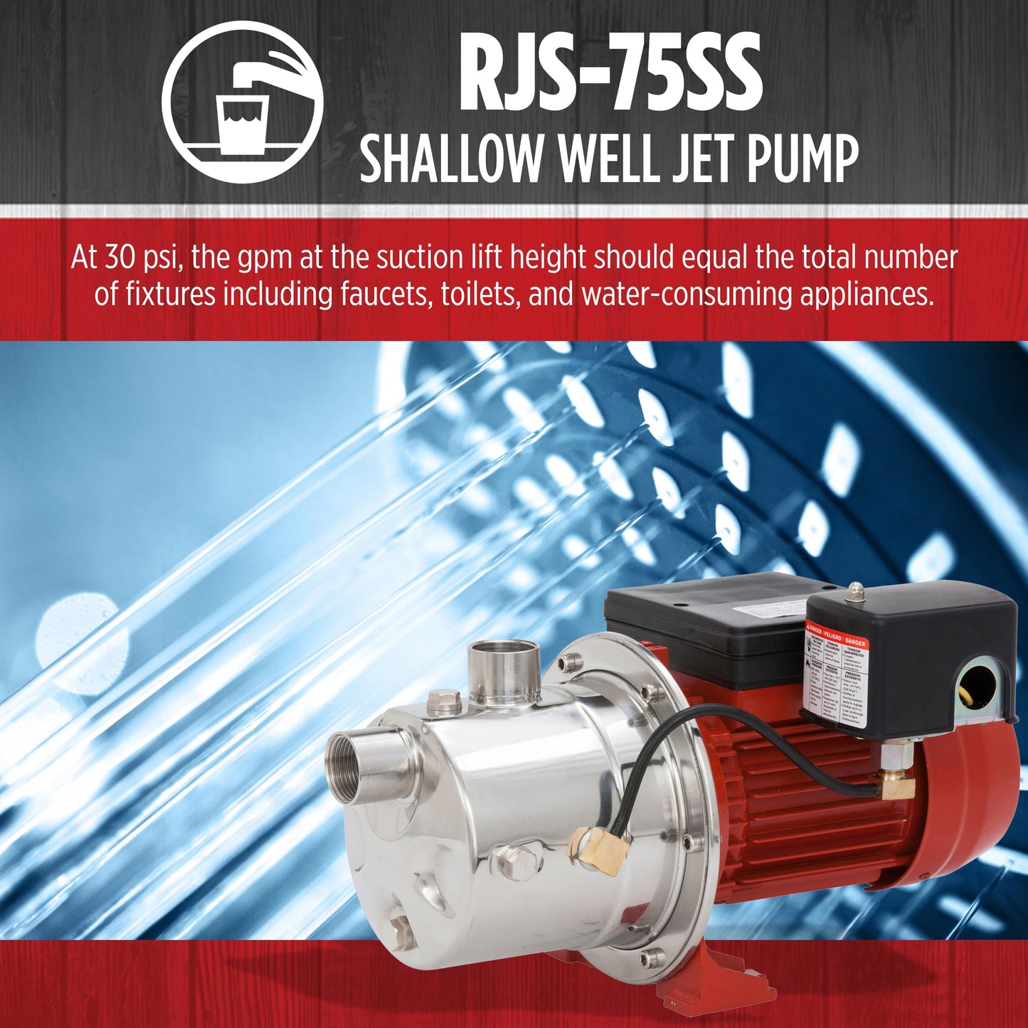 Red Lion RJS-75SS 115/230 Volt, 3/4 HP, 12.8 GPM Stainless Steel Shallow Well Jet Pump, Red, 97080702