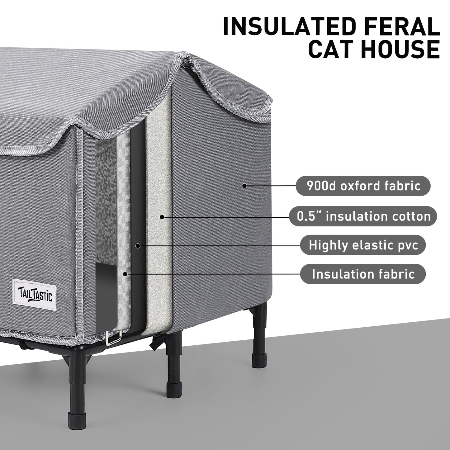 Tailtastic Heated Outdoor Cat House,Weather-Resistant Insulated Cat Shelter with Elevated Stand,Winter-Ready for Stray Cats, No Assembly Needed,17"x15"x13" (Grey)