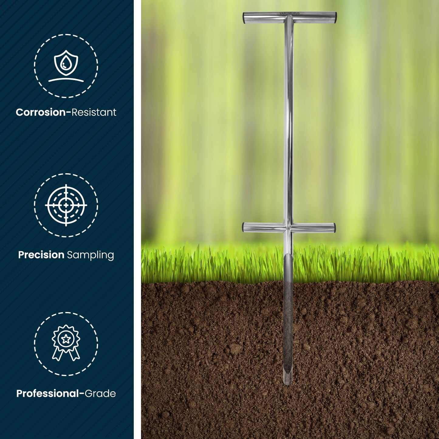 Varomorus Soil Sampler Probe 36" Stainless Steel Tubular T-Style Handle with Footsteps.
