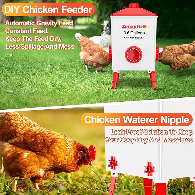 Chicken Feeders and Waterers, 6 Ports Chicken Feeder No Waste and 6 Packs Chicken Water Nipples