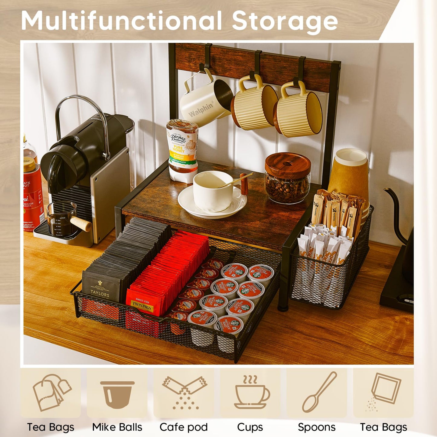 DGWJSU Tea Bag Organizer, Wood Tea Organizer and Storage Cheast, Tea Bag Holder with Storage Drawer, 4 Hooks for Tea Cups Holder, Tea Station Chest Display Container Box for Countertop Kitchen, Brown