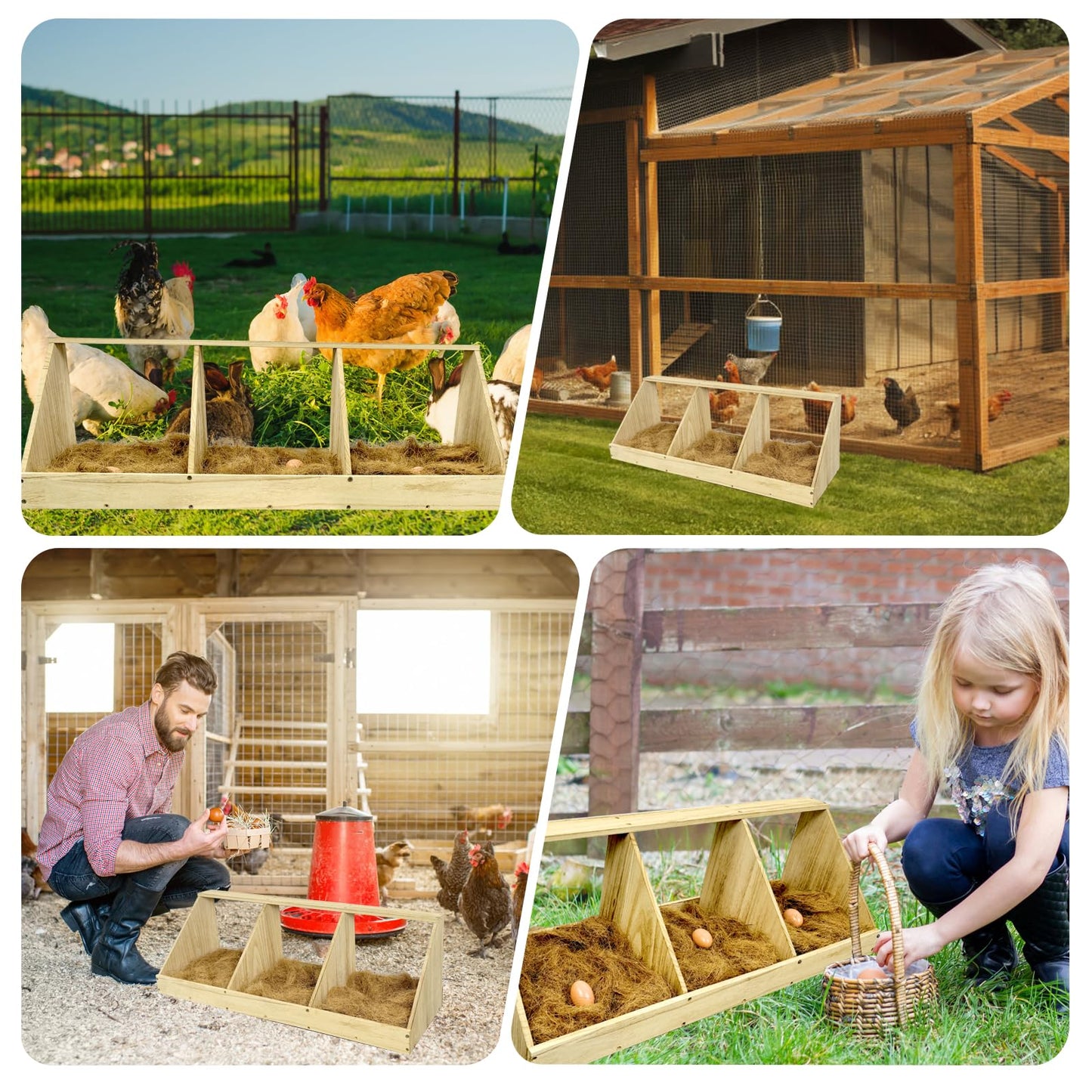 Chicken Nesting Boxes, 3 Compartment Wooden Chicken Laying Boxes, Nesting Boxes for Chickens, Hens, Ducks, Poultry Nest Box for Laying Eggs, (Includes 3 Fake Eggs, 3 Nest Box Pads)