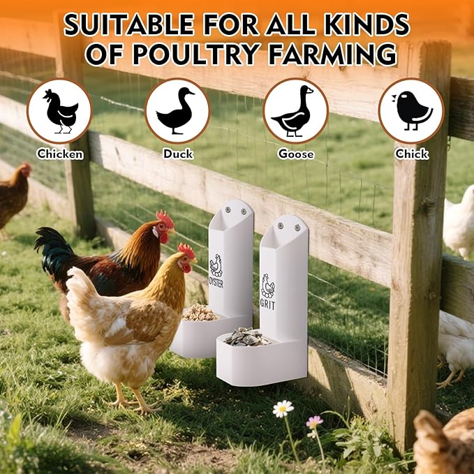 Hanging Chicken Oyster Shell and Grit Feeder Combo - Automatic Gravity Feed Dispenser, No Waste Design for Poultry Supplies, Baby Chicks, Ducks, and Quail | Chicken Coop Accessory and Feed Kit