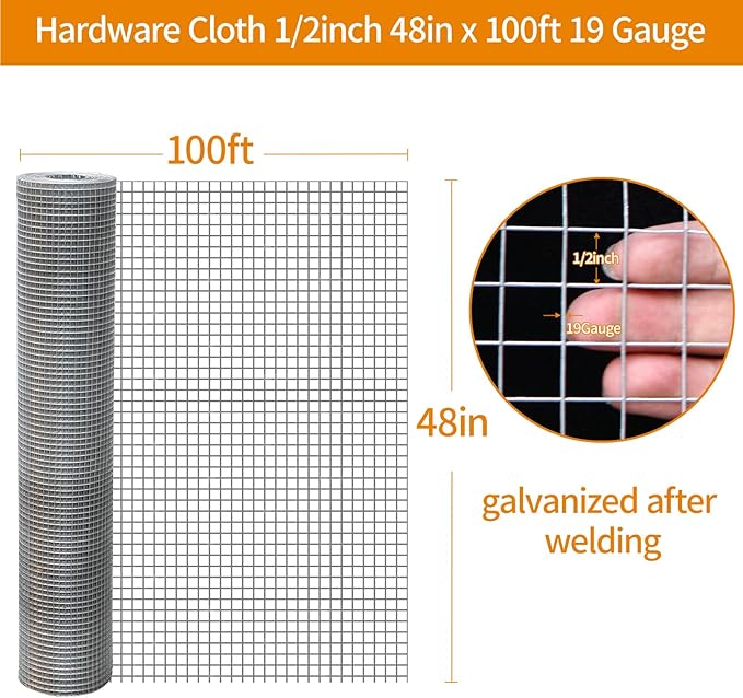 48"x100' Hardware Cloth, 1/2inch 19Ga Hot-Dip Galvanized After Welding Chicken Wire Fence, Galvanized Wire Mesh Roll Prevent Snake, Raccoons, Foxes, Raised Garden Bed Supports Wire Mesh