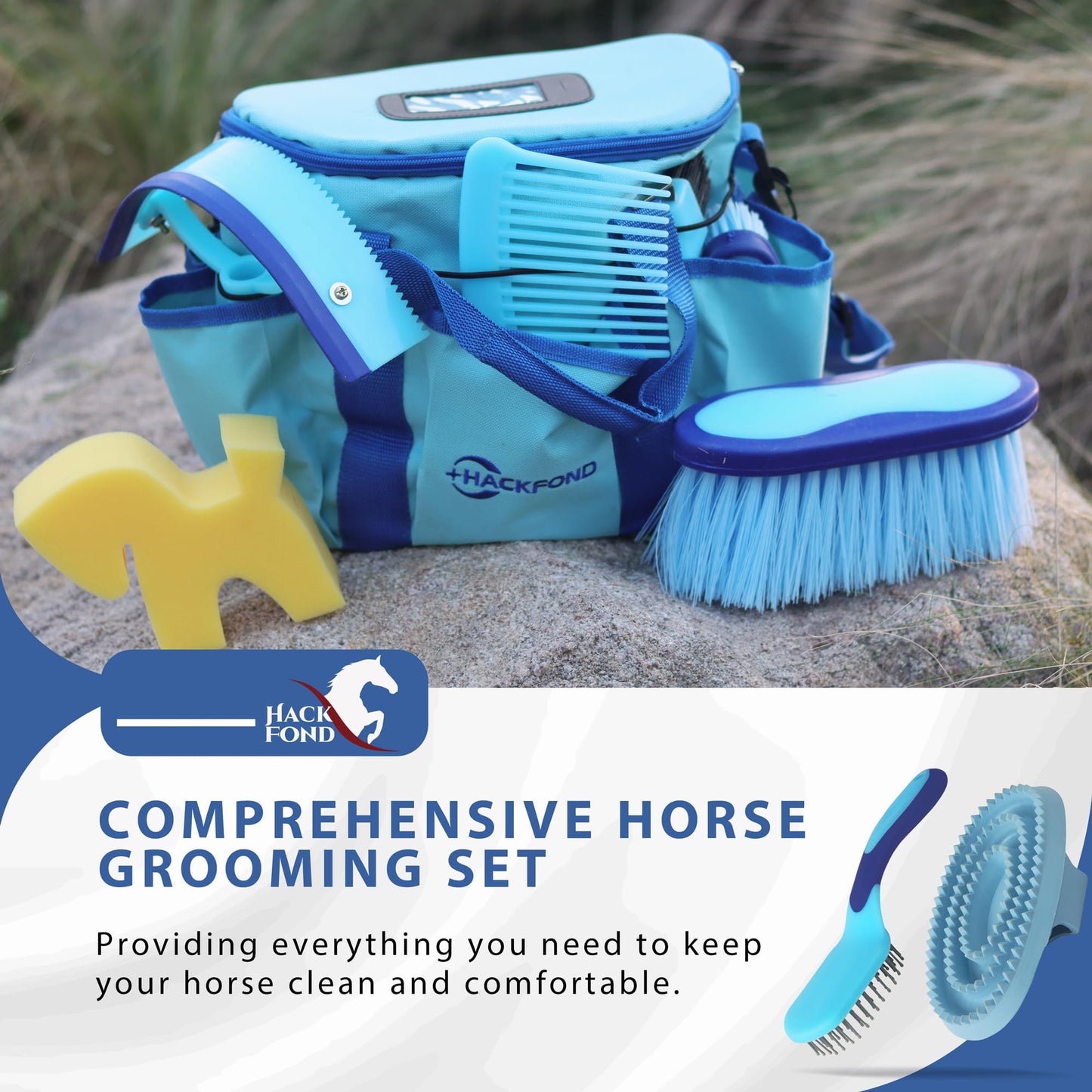 HackFond Horse Grooming Kit 9pcs Horse Brushes Equine Grooming Brushes Tack Room Supplies Set with Organizer Tote
