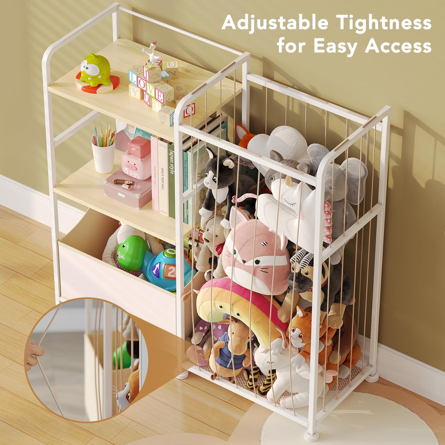BBLIKE Stuffed Animal Storage - Stuffed Animal Net with Kids Bookshelf and Toy Organizer, 2-Tier White Bookshelf with Stuffed Animal Holder and Fabric Toy Chest for Kids Room, Playroom, Nursery, Beige