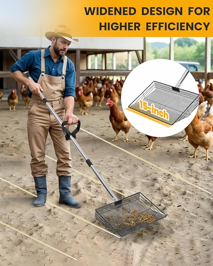 15" Extra Large Chicken Poop Scooper with Ergonomic Grip, Adjustable Length (24.6"–76.6"), Metal Sifting Shovel with Holes for Chicken Coop Cleaning, Multifunctional Chicken Manure Scoop