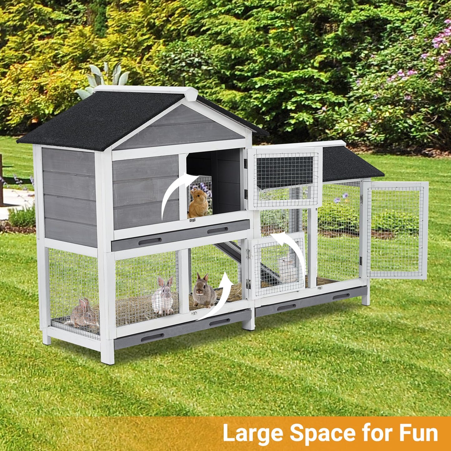 58'' Bunny Hutch Indoor with 3 Leak-Proof Trays, Wooden Waterproof Roof Rabbit Hutch Indoor/Outdoor, 2-Tier Bunny House/Chicken Coop, Gray and Black