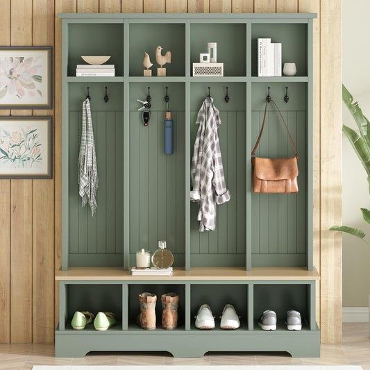 Merax Farmhouse Hall Tree with Bench and Shoe Storage, 59" Entryway Bench with Coat Rack, 3-in-1 Hall Tree with Top Compartments and 8 Hooks for Hallway, Living Room, Green