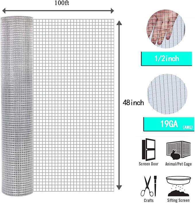 Hardware Cloth 1/2 inch 48inch x 100 Ft 19 Gauge Hot Dip Galvanized After Welding Galvanized Wire Mesh Roll Chicken Wire Fencing Gopher Wire Garden Bed Plant Supports Poultry Netting Cage Snake Fence