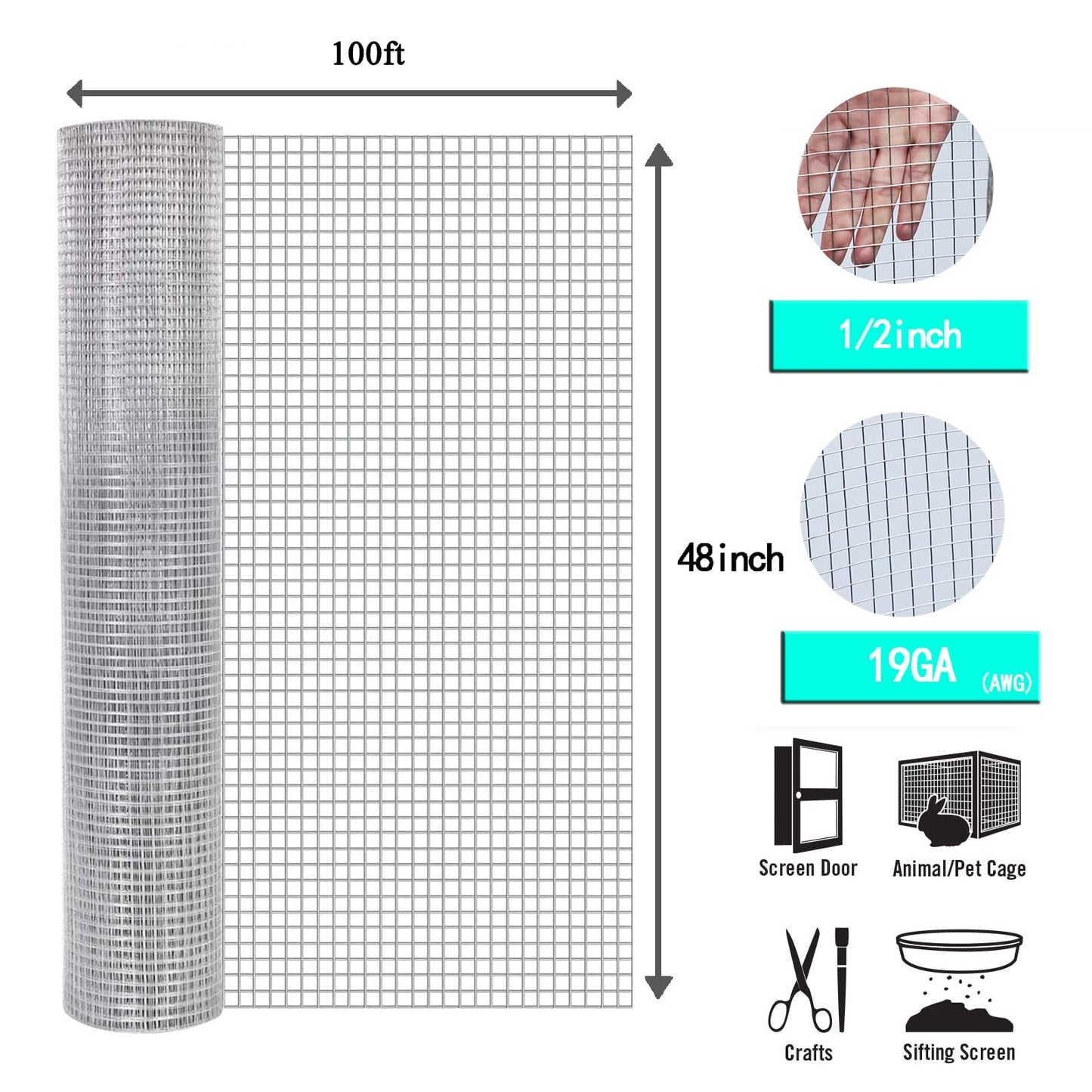 Hardware Cloth 1/2 inch 48inch x 100 Ft 19 Gauge Hot Dip Galvanized After Welding Galvanized Wire Mesh Roll Chicken Wire Fencing Gopher Wire Garden Bed Plant Supports Poultry Netting Cage Snake Fence