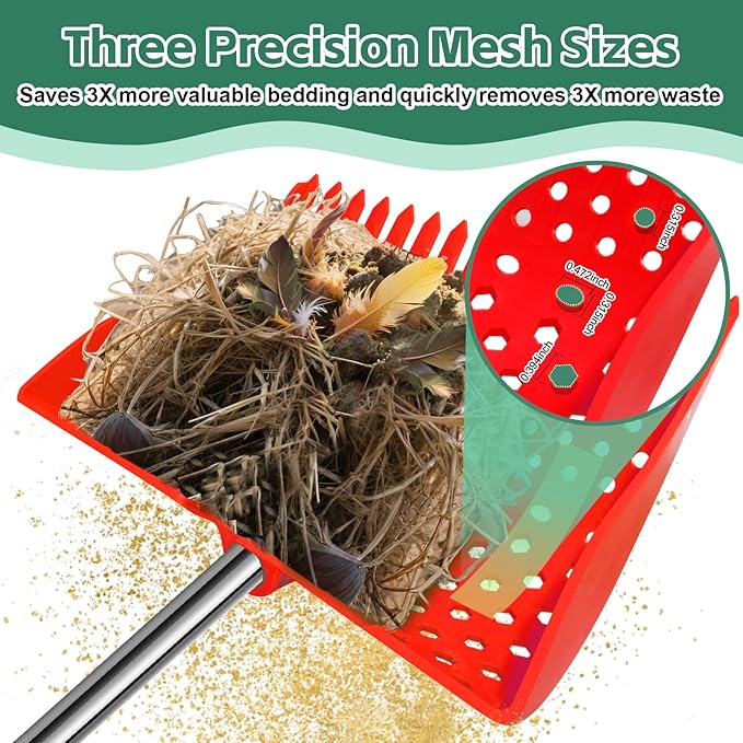 US Patent Pending 12-Inch 2-in-1 Chicken Poop Scooper & Rake,3-Shape Sifting Holes Chicken Coop Rake，Stainless Steel Handle （20–61"）– Litter Scooper & Sand Sifting Shovel for Chicken Coops （Red）