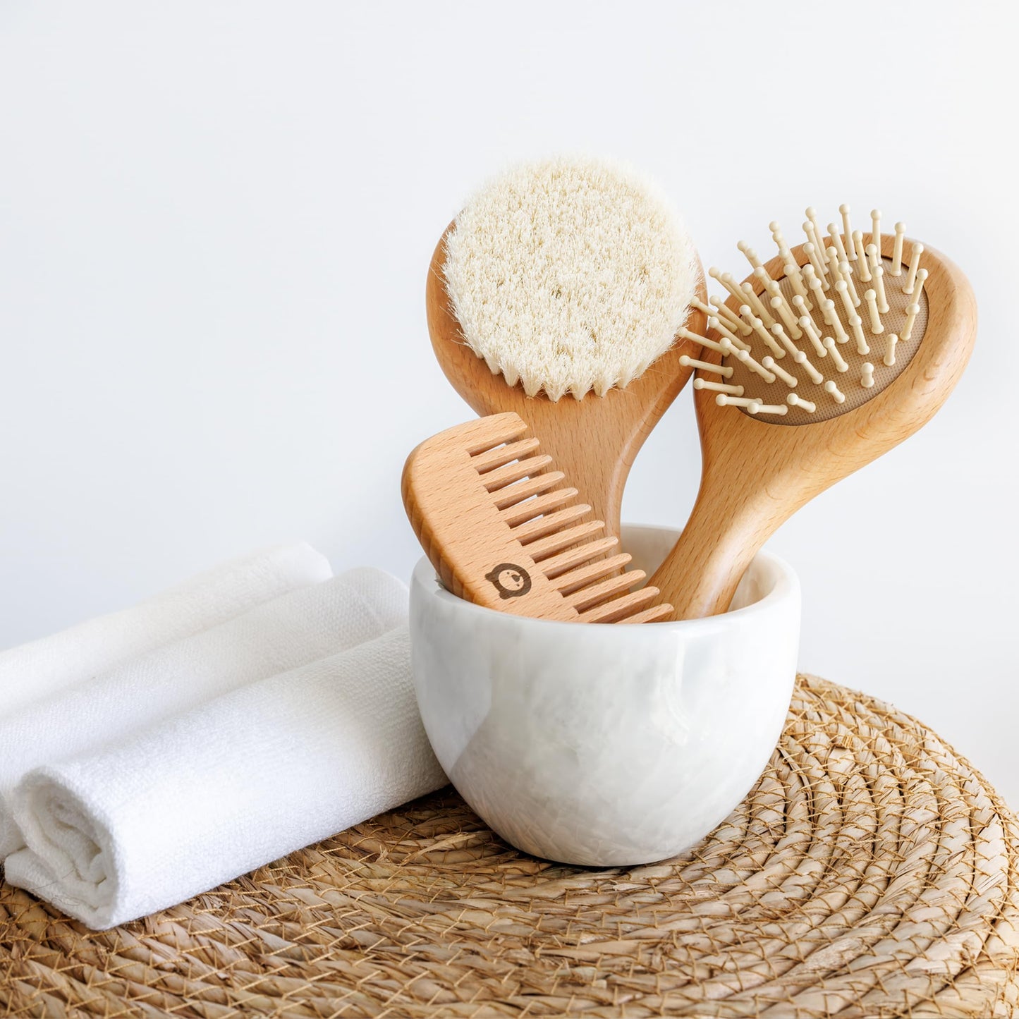 ROMY RO 3 Piece Wooden Hair Brush Set for Newborns & Toddlers - Ultra Soft Natural Goat Hair and Wood Brushes in Chic Gift Box
