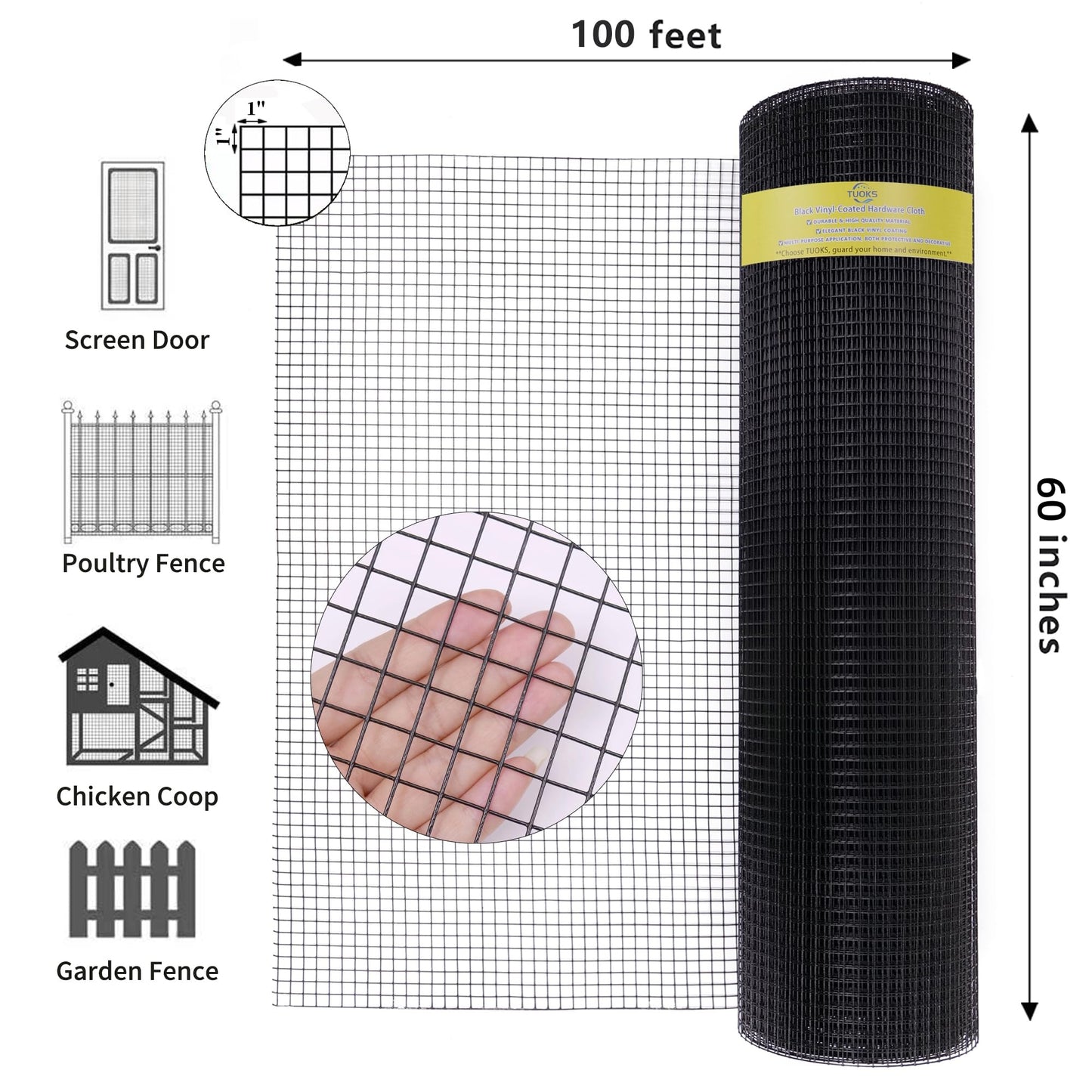 TUOKS Hardware Cloth 1 inch 60in x 100ft 16 Gauge Black PVC Coated Welded Wire Fence Wire Mesh Roll Rabbit Wire Chicken Wire Fencing Gopher Wire Cloth Garden Fence Poultry Netting Rodent Wire
