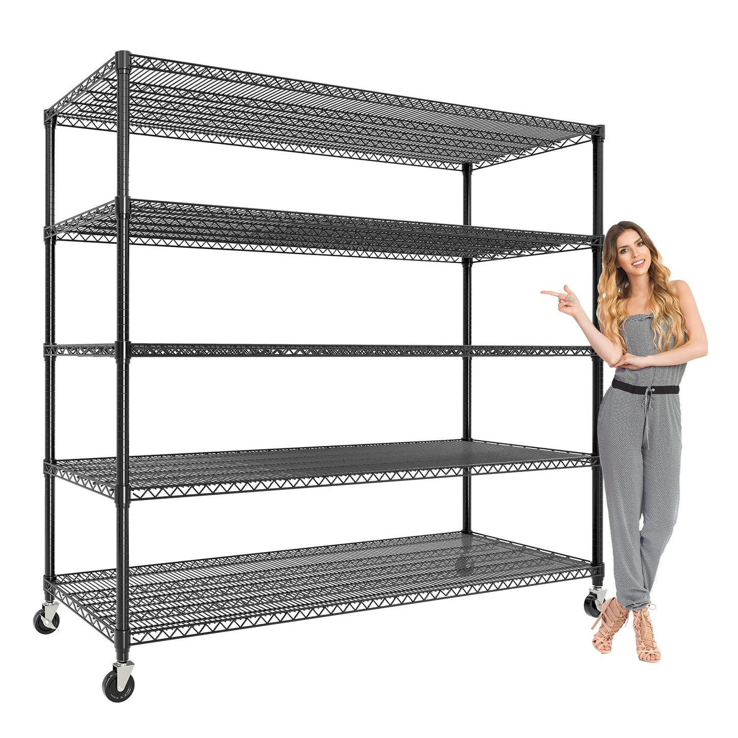 59" W Storage Shelves 86.2" H Heavy Duty Garage Shelving Units with Wheels, 5-Tiers Wire Shelving Rack Metal Storage Shelves for Garage Pantry Kitchen Commercial Industrial, 3300LBS Capacity