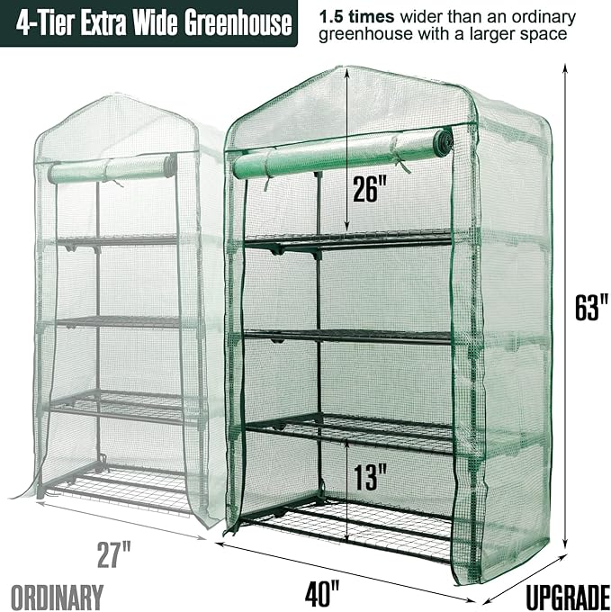 Worth Garden 50% Extra Wide Mini Greenhouse 4 Tier Portable Plant Green House 40in Wide -Sturdy Gardening Shelves with PE Cover & Roll-Up Zipper Door - Indoor & Outdoor Use - 19″W. x 40″L. x63″H.