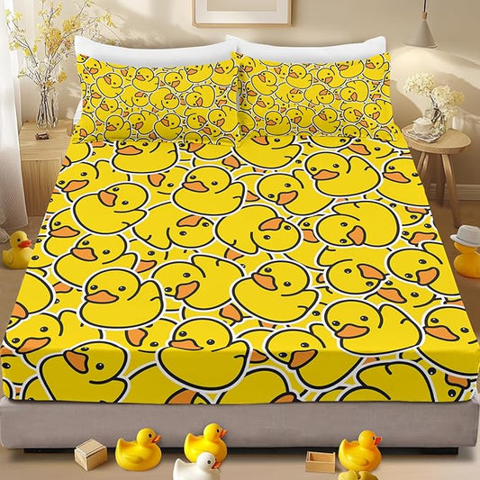 Yellow Rubber Duck Fitted Bed Sheet Set Kids Soft Microfiber Breathable Bedding All-Round Elastic Pocket 3 Pieces Fitted Sheet Set for Boys and Girls (Full)