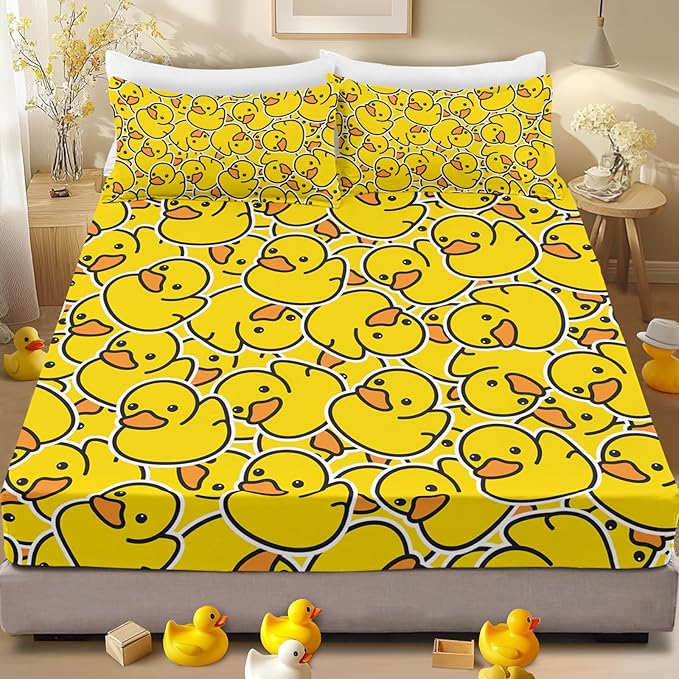 Yellow Rubber Duck Fitted Bed Sheet Set Kids Soft Microfiber Breathable Bedding All-Round Elastic Pocket 3 Pieces Fitted Sheet Set for Boys and Girls (California King)