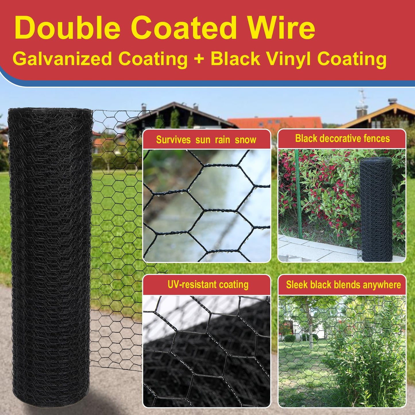 Wirewonders Black 19GA Chicken Wire 36inx150ft, Chicken Wire Fencing, Garden Fence, Metal Poultry Wire Netting, Galvanized PVC Coated Mesh for Animal/Rabbit/Floral/Chicken Coop/DIY Projects.