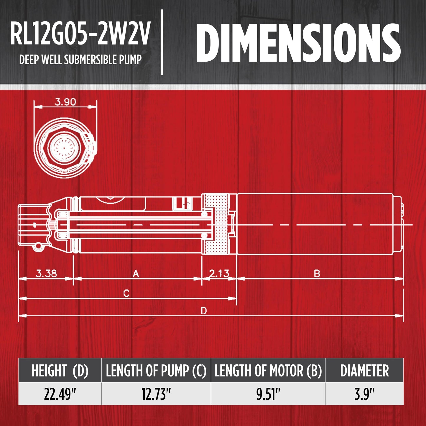 Red Lion RL12G05-2W2V 4-inch Submersible Deep Well Pump, 1/2 HP, 12 GPM, 2-Wire, 230 Volt, Steel, 14942402