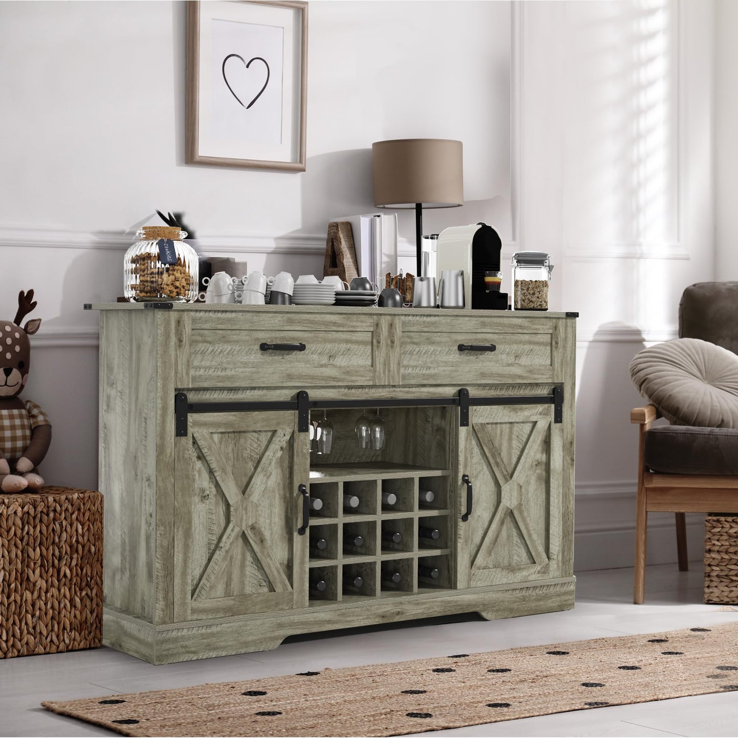 RoyalCraft Farmhouse Buffet Cabinet with Storage, 52'' Wine Bar Cabinet with Sliding Barn Door, Liquor Coffee Bar Cabinet and Sideboard for Kitchen, Dining Room, Light Grey